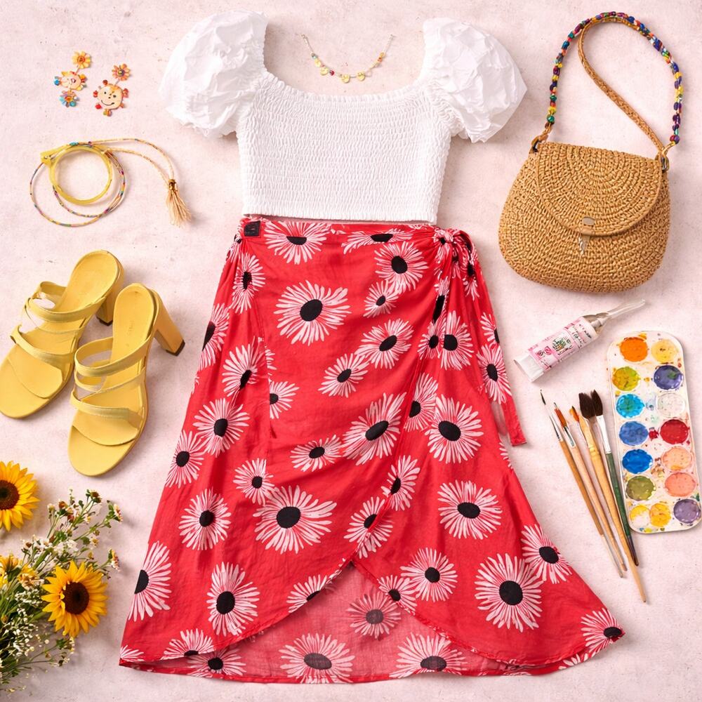 Anthropologie Conversations Limited Edition Floral Wrap Midi Skirt L Red White